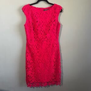 Ralph Lauren Lined Colorful Cocktail Raspberry Floral Lace Sheath Dress, Size 8